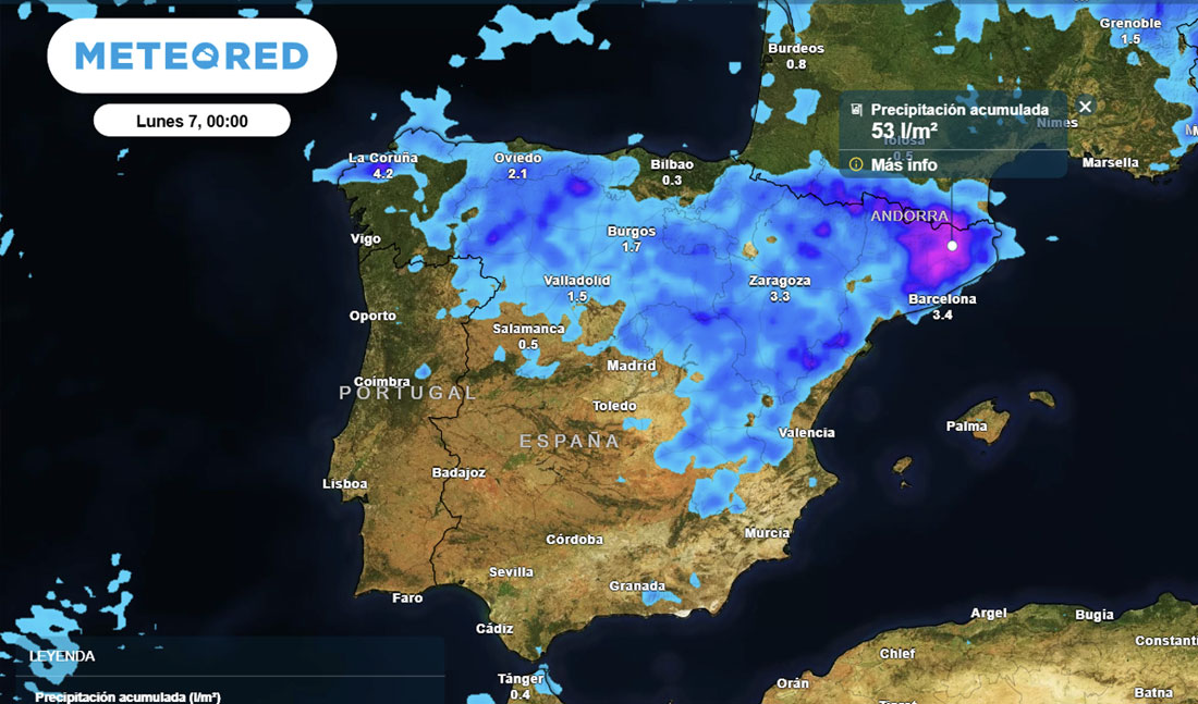 Meteored avisa de que mañana podrían acumularse 50 l/m2 en pocas horas por las tormentas